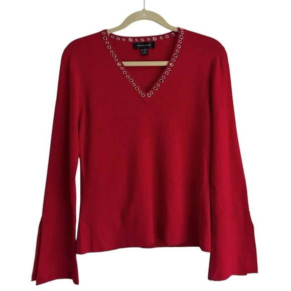 Cable & Gauge Red V-Neck Sweater 3/4 Bell Sleeves Stretch Knit Pullover Med - Picture 1 of 7